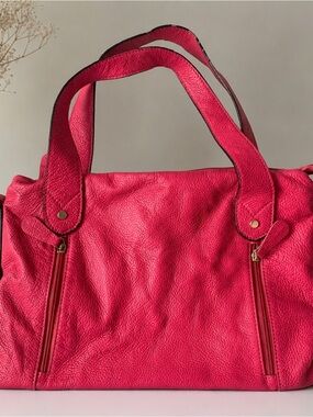 Hot Pink Pebbled Faux Satchel Shoulder Bag Large Tote Purse Zip Accent